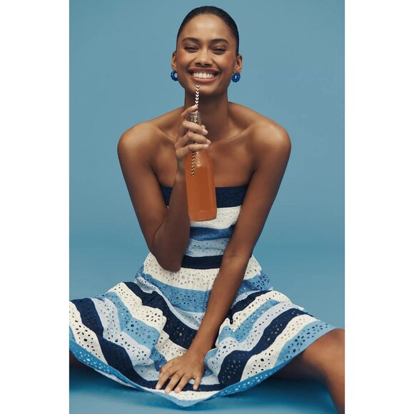 Maeve Strapless Cotton Eyelet Detail Blue Stripe Fit and Flare Dress M - Picture 5 of 5